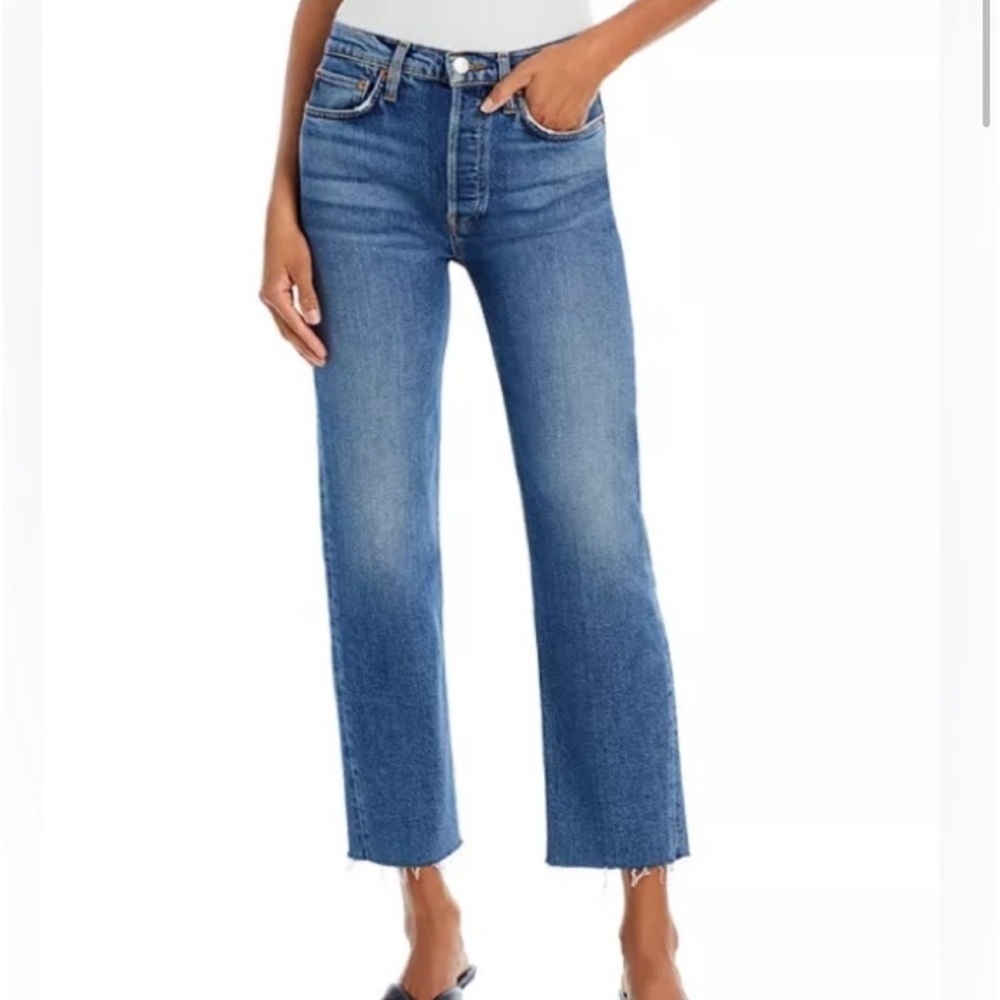 RE/DONE 70 Stove Pipe High Rise Straight Jeans in Mid 70s True Indigo